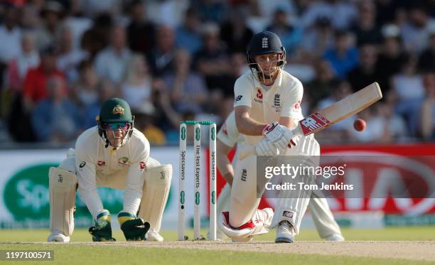 England batsman Joe Root reverse sweeps Nathan Lyon during day three of the England v Australia 3rd Ashes test match at Headingley on August 24th...