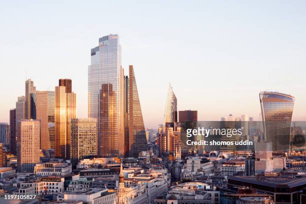 elevated view of london city skyscrapers and the financial district - london skyline stock pictures, royalty-free photos & images