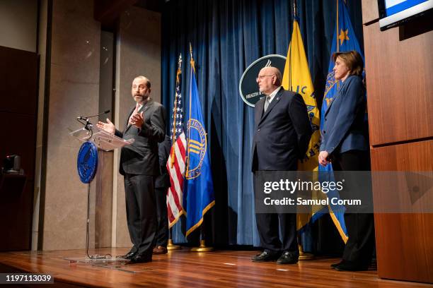 Health and Human Services Secretary Alex Azar speaks during a press conference today at the Department of Health and Human Services on the...