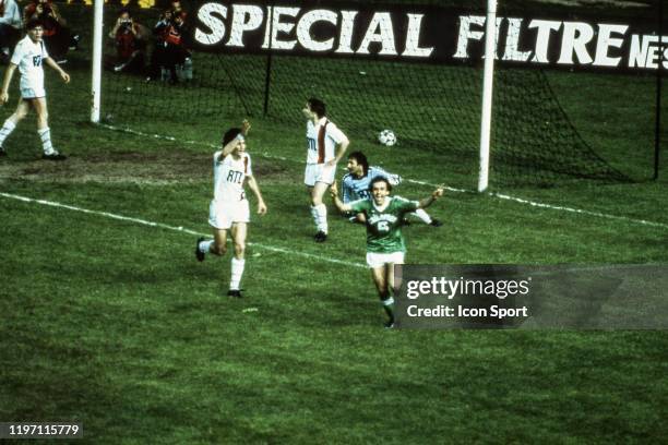 Michel Platini of Saint Etienne celebrates his goal during the Final French Cup match between Paris Saint Gemain and AS Saint Etienne, at Parc des...