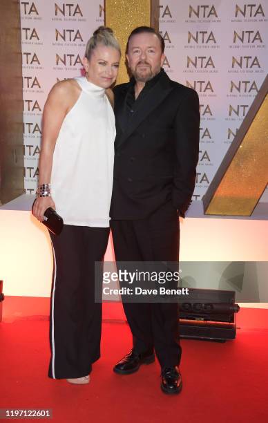 Jane Fallon and Ricky Gervais attend the National Television Awards 2020 at The O2 Arena on January 28, 2020 in London, England.