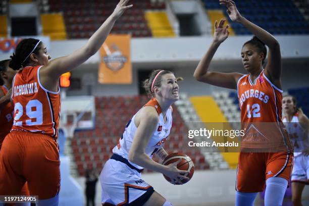 Gabriela Marginean of Gelecek Koleji Cukurova in action against Natalie Achonwa and Iliana Rupert of Bourges Basket during FIBA Euroleague Women...