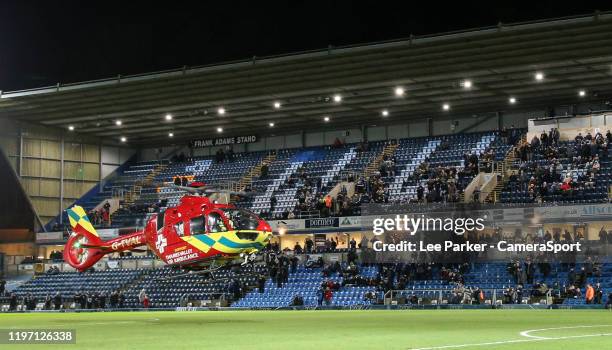 The Thames Valley Air Ambulance takes off after attending a medical emergency at Adams Park, home of Wycombe Wanderers during the Sky Bet League One...