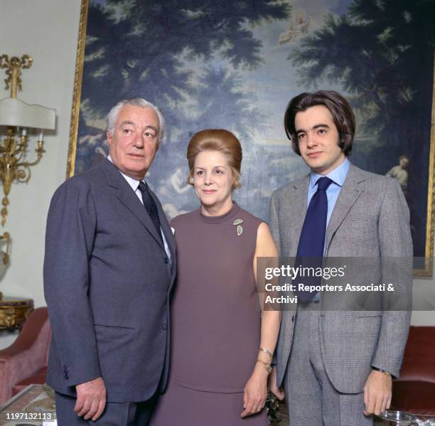 Italian actor and director Vittorio De Sica and his wife and Spanish-born Italian actress Maria Mercader posing with their son Manuel in their living...