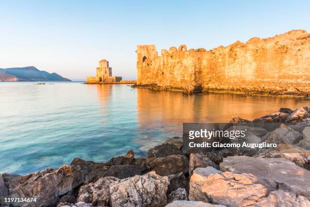 methoni fortress at sunrise, messenia, peloponnese, greece - messenia stockfoto's en -beelden