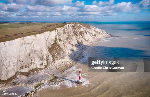 Drone sent out to sea shows the morning light on the Seven Sisters at Beachy Head in East Sussex on February 11, 2018 in Eastbourne, United Kingdom.