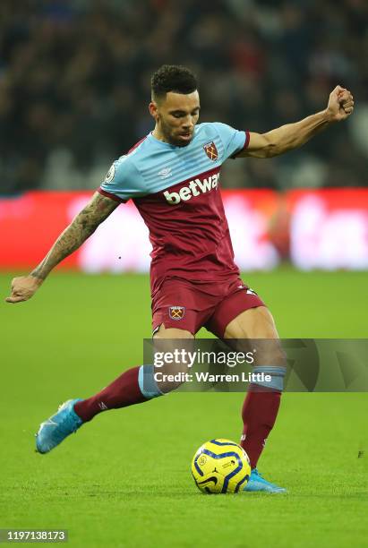 Ryan Fredericks of West Ham United passes the ball during the Premier League match between West Ham United and AFC Bournemouth at London Stadium on...