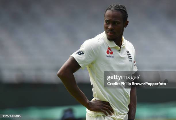 Jofra Archer of England looks on during a training session at Newlands before the second Test match against South Africa on January 02, 2020 in Cape...