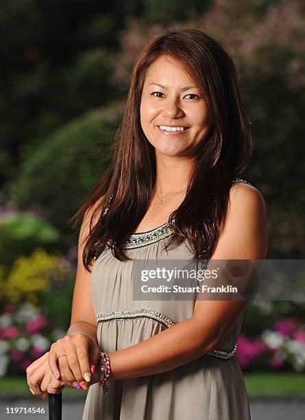 Ai Miyazato of Japan poses for a picture at the gala dinner after the third round of the Evian Masters at the Evian Masters golf club on July 23,...