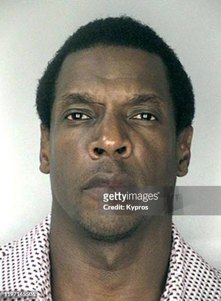 Mug shot of American baseball pitcher Dwight Gooden, following his arrest for domestic violence after allegedly punching his girlfriend, USA, March...