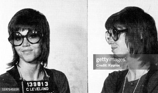 Mug shots of American actress and activist Jane Fonda, following her arrest in Cleveland for kicking a local police officer, USA, 3rd November 1970....