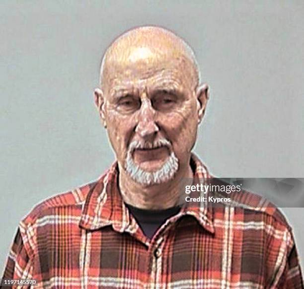 Mug shot of American actor James Cromwell, following his arrest at the University of Wisconsin for disorderly conduct during a protest against...