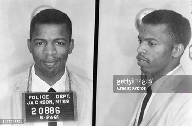 Mug shot of civil rights activist and politician John Lewis, following his arrest in Jackson, Mississippi for using a restroom reserved for 'white'...
