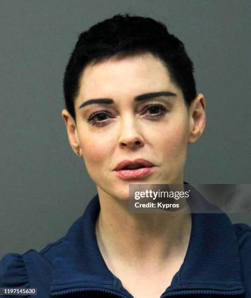 Mug shot of American actress Rose McGowan, following her arrest on a cocaine possession charge, November 2017.