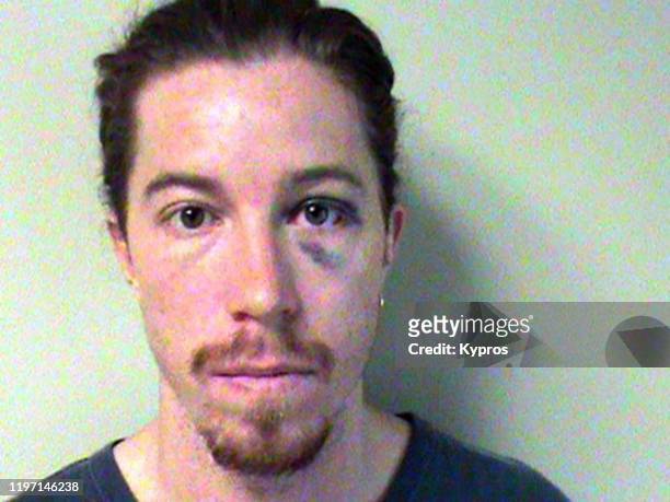Mug shot of American snowboarding champion Shaun White, following his arrest in Nashville, Tennessee for vandalism and public intoxication, USA,...