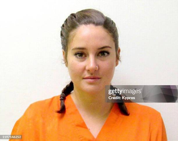 Mug shot of American actress Shailene Woodley, following her arrest at a protest near the Dakota Access Pipeline in North Dakota, USA, October 2016.