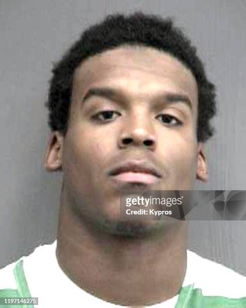 Mug shot of American football quarterback Cam Newton, following his arrest in Florida for grand theft and burglary, November 2009.