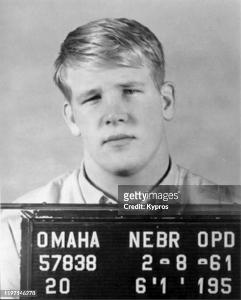 Mug shot of American actor Nick Nolte, following his arrest in Omaha, Nebraska for selling fake draft cards, 8th February 1961. He received a...