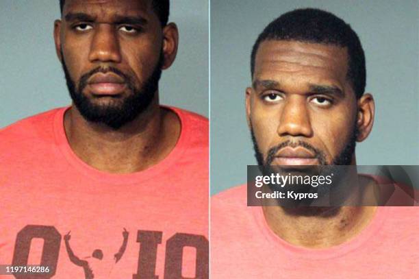 Mug shot of American basketball player Greg Oden, during his time in Marion County Jail, Indiana, for misdemeanour battery, August 2014.