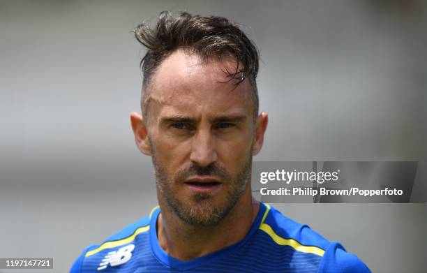 Faf du Plessis of South Africa looks on during a training session at Newlands before the second Test match against England on January 02, 2020 in...