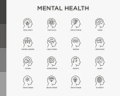 Mental health thin line icons set: mental growth, negative thinking, emotional reasoning, logical plan, obsession, inner dialogue, balance, brilliant thought, self identity. Modern vector illustration.