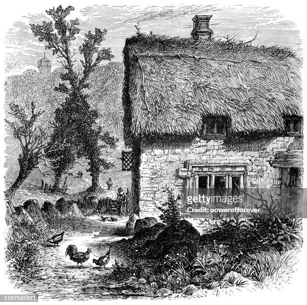 cottage at the town of radway in warwickshire, england - 19. jahrhundert - thatched roof stock-grafiken, -clipart, -cartoons und -symbole