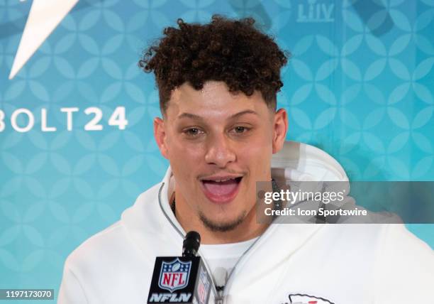 Kansas City Chiefs Quarterback Patrick Mahomes speaks to the media during the NFL Super Bowl Opening Night at Marlins Park in Miami, Fla. On January...