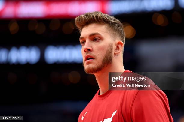 Meyers Leonard of the Miami Heat looks on prior to the game against the Washington Wizards at Capital One Arena on December 30, 2019 in Washington,...