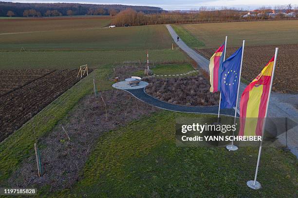 This picture taken with a drone on January 20 shows the geographic center of the European Union after Brexit in the Gadheim district of...