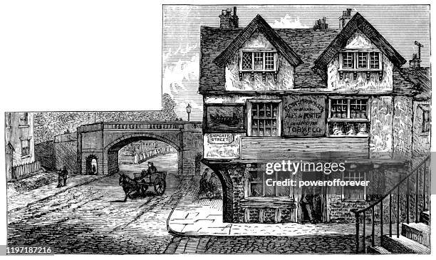bridgegate on lower bridge street in chester, england - 19th century - chester england stock illustrations