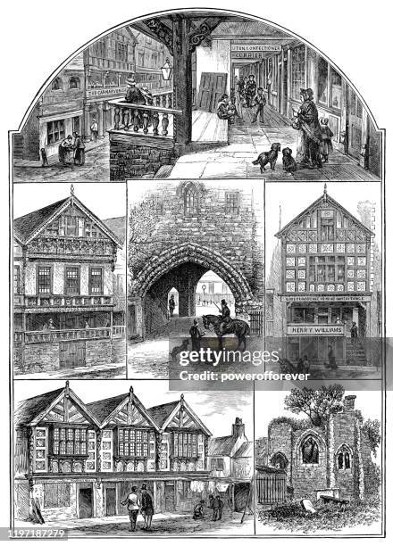 ilustraciones, imágenes clip art, dibujos animados e iconos de stock de varios lugares de interés en chester, england - 19th century - chester england