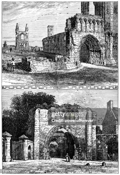 st andrews cathedral ruins in st andrews, scotland - 19th century - singapore day stock illustrations