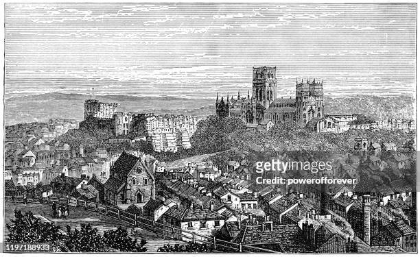 stockillustraties, clipart, cartoons en iconen met durham castle en durham kathedraal in durham, engeland - 19e eeuw - county durham engeland