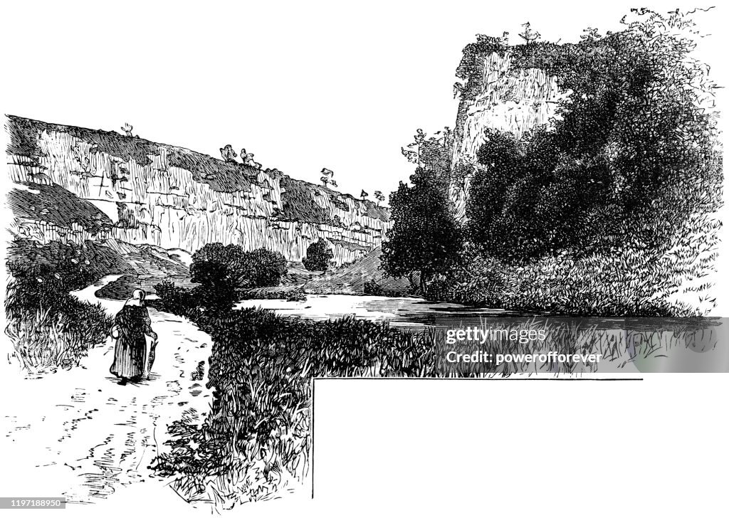 Limestone Cliffs in Millers Dale, England - 19th Century