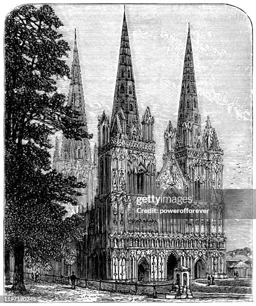 lichfield cathedral in lichfield, england - 19th century - lichfield stock illustrations