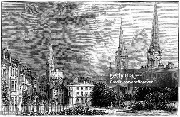 stockillustraties, clipart, cartoons en iconen met de drie torenspitsen in coventry, engeland - 19e eeuw - oxford england
