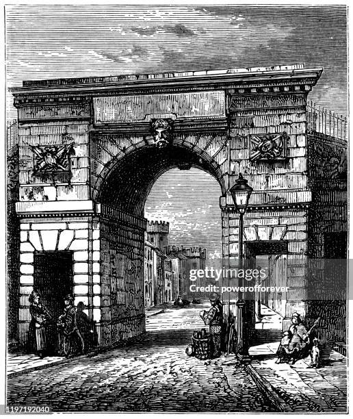bishop’s gate in londonderry, northern ireland - 19th century - county derry stock illustrations