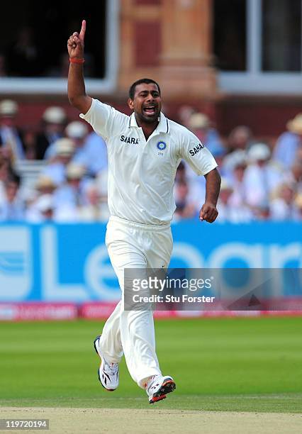 India bowler Praveen Kumar celebrates after dismissing Alastair Cook during day four of the 1st npower test match between England and India at Lords...