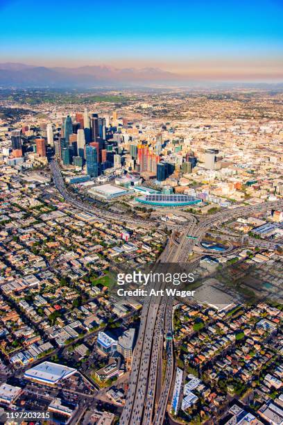 downtown los angeles aerial - los angeles convention center stock pictures, royalty-free photos & images