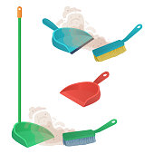 Cartoon plastic scoop set. Brush sweeps dust and dirt on dustpan. Housework, cleaning services, household,concept. Equipment for cleaning element isolated on white background Stock vector illustration