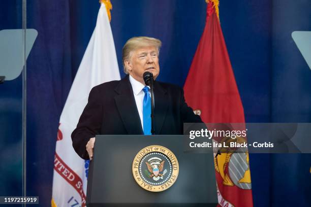 The 45th President Donald J. Trump at the podium addresses the crowd during his opening ceremony of the New York City 100th annual Veterans Day...