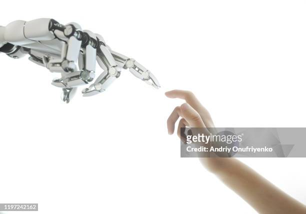 robot's hand touching digital panel with numbers - robot hand human hand stock pictures, royalty-free photos & images