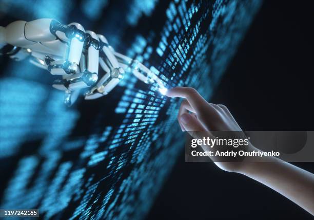 touching virtual world - robot hand human hand stock pictures, royalty-free photos & images