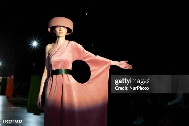 Model walks the runway at the Maison Mesa fashion show during Mercedes Benz Fashion Week Madrid Autumn/Winter 2020-21 on January 28, 2020 in Madrid,...