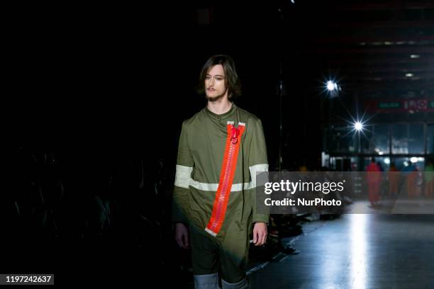 Model walks the runway at the Maison Mesa fashion show during Mercedes Benz Fashion Week Madrid Autumn/Winter 2020-21 on January 28, 2020 in Madrid,...