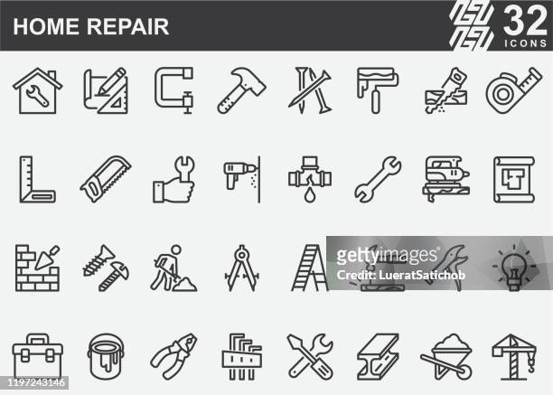 home repair and construction line icons - repairing stock illustrations