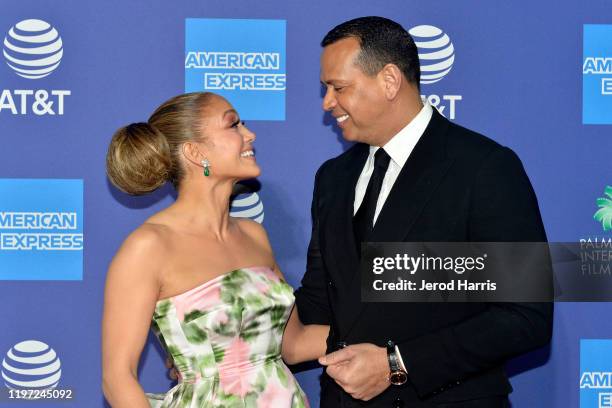 Jennifer Lopez and Alex Rodriguez arrive at the 2020 Annual Palm Springs International Film Festival Film Awards Gala on January 02, 2020 in Palm...