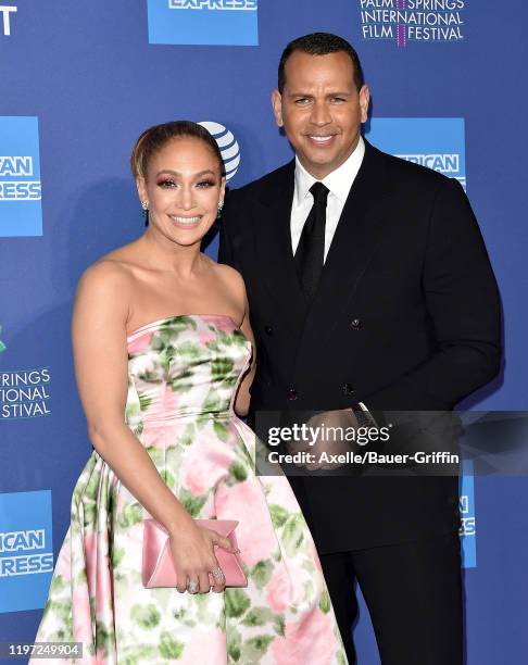 Jennifer Lopez and Alex Rodriguez attend the 2020 Annual Palm Springs International Film Festival Film Awards Gala on January 02, 2020 in Palm...