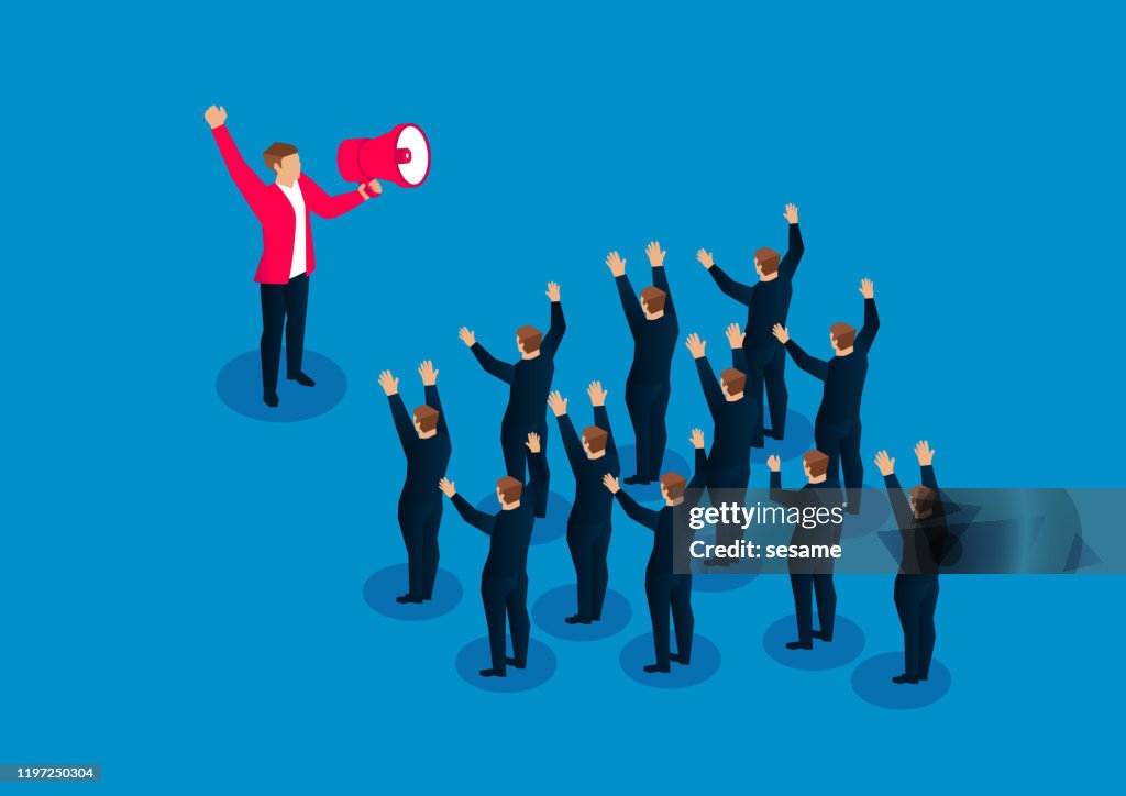 Basic Leader Shouting Cartoon Leader Holding Megaphone To Focus A Group Of Businessmen Shouting To ...