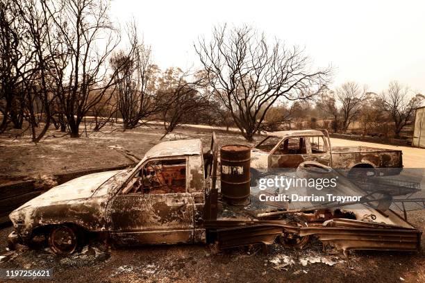 View of fire damage on January 03, 2020 in Sarsfield , Australia. The HMAS Choules docked outside of Mallacoota this morning to evacuate thousands of...